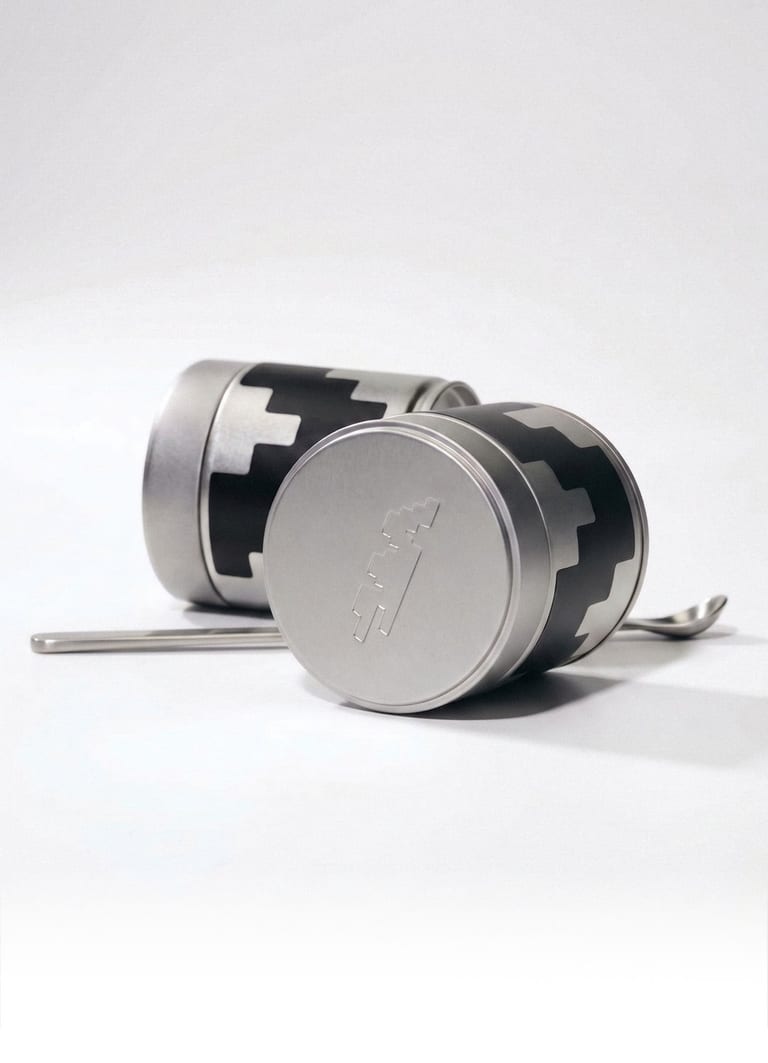 Two WHISK matcha tins on white, one on its side beside a spoon