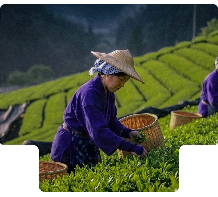 Tea harvesters working in terraced green fields